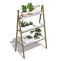 Three Tiered Wooden Ladder Shelf For Indoor Garden Decor With Green Plants And Books