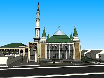 Traditional Mosque Architectural Exterior With White Minaret Green Roof And Dome 3d model