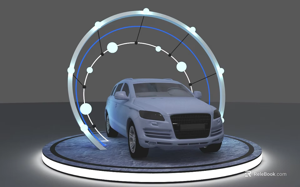 Car Display Stand With Circular Platform Arc Lighting And Decorative Dots Holding White SUV 3d model