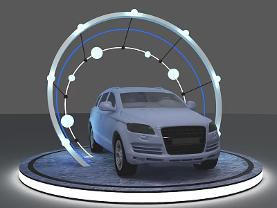 Car Display Stand With Circular Platform Arc Lighting And Decorative Dots Holding White SUV 3d model