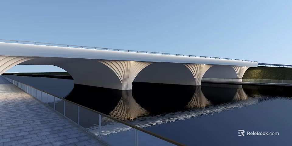 Modern Arched Bridge Structure With Water Reflection And Railings Over River 3d model 