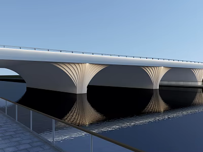Modern Arched Bridge Structure With Water Reflection And Railings Over River 3d model