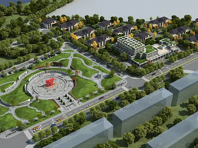 Scenic Park Landscape Design With Green Lawns Trees Circular Plaza And Buildings 3d model