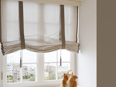 Light Beige Roman Curtains With Dark Brown Ties Translucent Fabric Window View Buildings Greenery 3d model