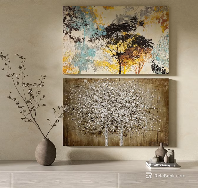 Abstract Tree Wall Art Decorative Paintings With Beige Wall Vase And Books 3d model 