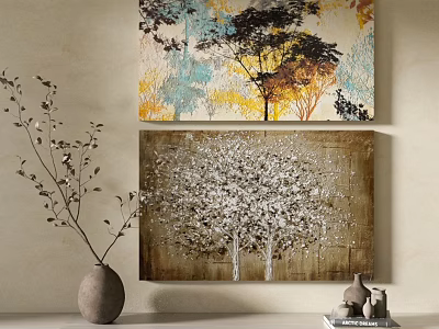 Abstract Tree Wall Art Decorative Paintings With Beige Wall Vase And Books 3d model