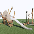 Natural Themed Playground Equipment With Egg Shaped Climbing Pods Slide And Net Elements