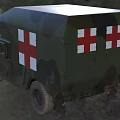 Camouflage Green Military Ambulance Vehicle With Red Cross Markings For Medical Transport In Outdoor Field