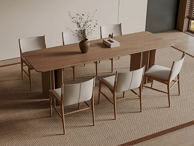 Modern Minimalist Wooden Dining Table Set with Six White Back Chairs and Vase in Interior 3d model