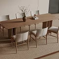Modern Minimalist Wooden Dining Table Set with Six White Back Chairs and Vase in Interior