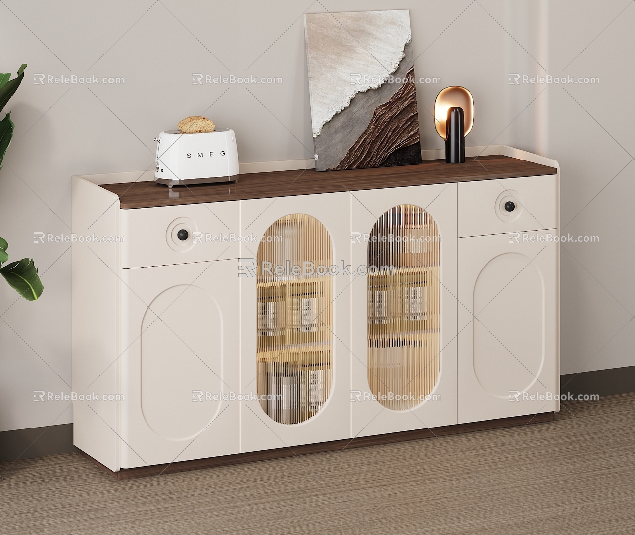 Cream Style Restaurant Sideboard Storage Cabinet Sundry Cabinet Side Cabinet Cream White Decorative Painting Green Plant Seasoning Bottle Tableware Walnut Wood Floor Bread Machine 3d model