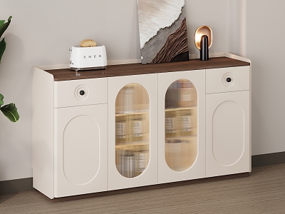 Cream Style Restaurant Sideboard Storage Cabinet Sundry Cabinet Side Cabinet Cream White Decorative Painting Green Plant Seasoning Bottle Tableware Walnut Wood Floor Bread Machine 3d model