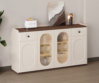 Cream Style Restaurant Sideboard Storage Cabinet Sundry Cabinet Side Cabinet Cream White Decorative Painting Green Plant Seasoning Bottle Tableware Walnut Wood Floor Bread Machine 3d model