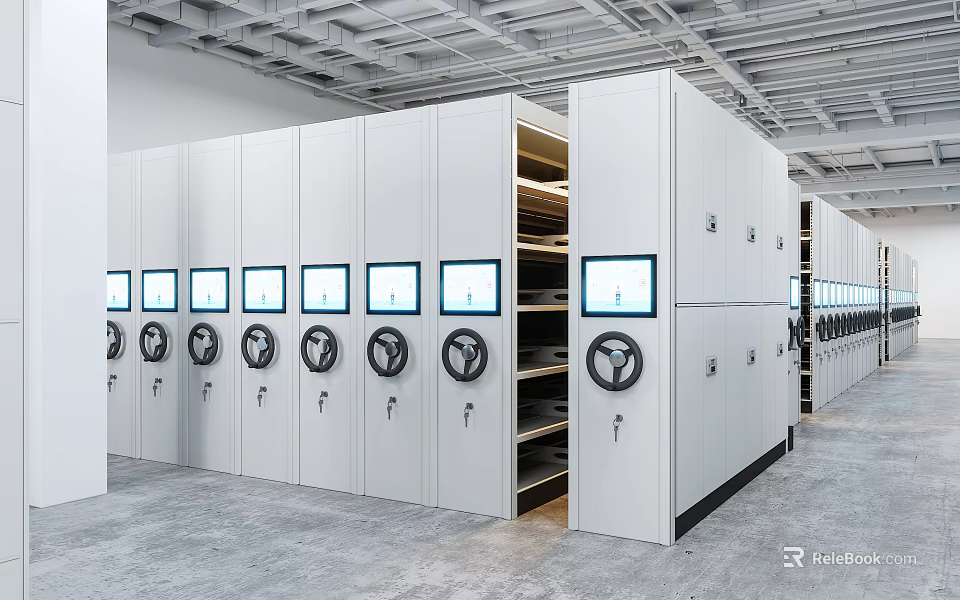 Smart Mobile Shelving Units In Archive Room With Electronic Panels And Storage Locks 3d model 