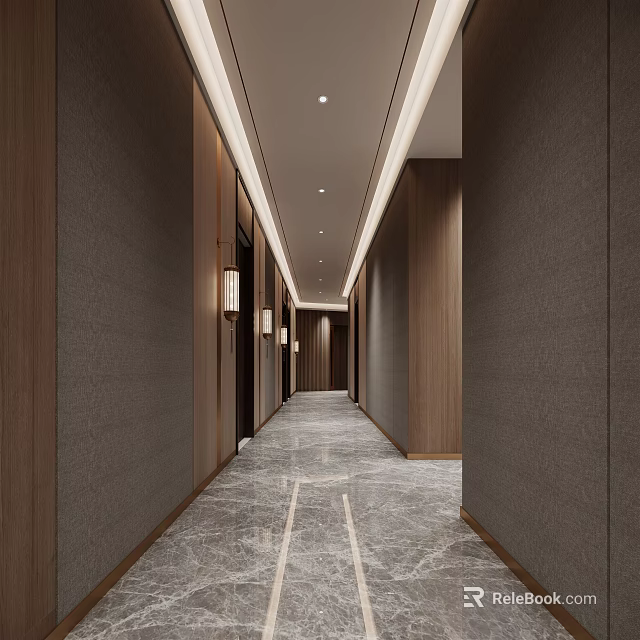 Modern Hotel Corridor With Wooden Walls Marble Flooring And Recessed Ceiling Lights 3d model 