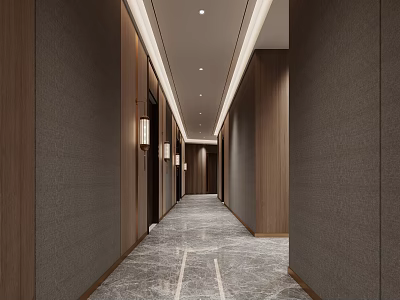Modern Hotel Corridor With Wooden Walls Marble Flooring And Recessed Ceiling Lights 3d model