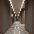Modern Hotel Corridor With Wooden Walls Marble Flooring And Recessed Ceiling Lights