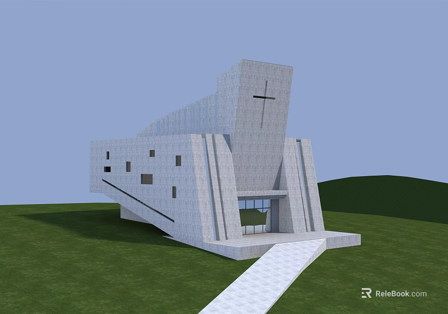 Modern Geometric Building With Cross Design Gray Exterior Lawn And Pathway 3d model 