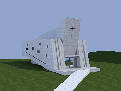 Modern Geometric Building With Cross Design Gray Exterior Lawn And Pathway 3d model