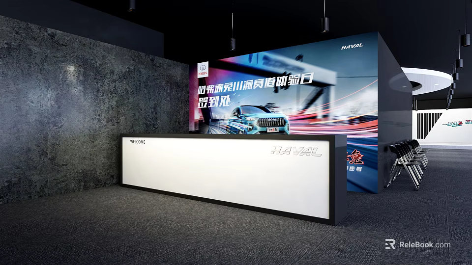 Modern HUAWEI Car Exhibition Hall Design With Reception Desk And Background Screen 3d model 