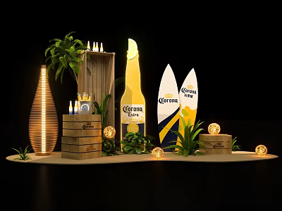Corona Beer Bottle And Surfboards With Decorative Plants Candles And Wooden Boxes 3d model