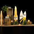 Corona Beer Bottle And Surfboards With Decorative Plants Candles And Wooden Boxes