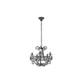 Black Metal Chandelier With Ornate Design And Candle Lights Hanging By Chain