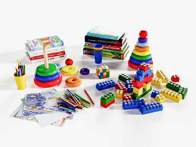 Colorful Building Blocks With Various Shapes Stacked Books Colored Pencils And Kids Toys 3d model