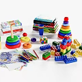 Colorful Building Blocks With Various Shapes Stacked Books Colored Pencils And Kids Toys