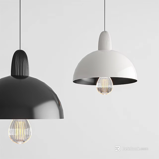Modern Minimalist Black And White Pendant Lights With Dome Shaped Shades And Visible Bulbs 3d model 