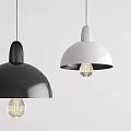 Modern Minimalist Black And White Pendant Lights With Dome Shaped Shades And Visible Bulbs