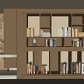 Modern Elegant Wooden Bookcase Interior With Multiple Shelves Books Decorations Sculptures And Decorative Painting Wall