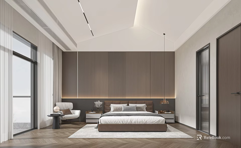 Modern Bedroom Interior With Wooden Accent Wall Large Bed And Herringbone Floor 3d model 