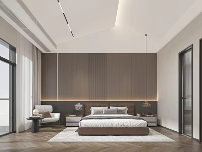 Modern Bedroom Interior With Wooden Accent Wall Large Bed And Herringbone Floor 3d model