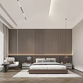 Modern Bedroom Interior With Wooden Accent Wall Large Bed And Herringbone Floor