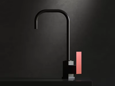 Modern Black Faucet Featuring Red Square Accent and Black Base in Minimalist Style 3d model