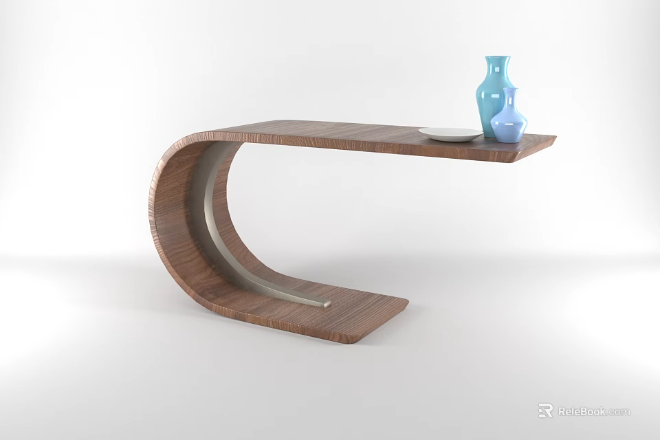 Modern Wooden Coffee Table With Curved Design And Blue Vases White Plate 3d model 