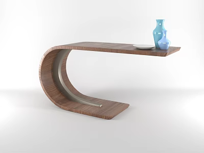 Modern Wooden Coffee Table With Curved Design And Blue Vases White Plate 3d model