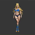 Stylish Woman With Blonde Hair Wearing Blue Bikini Blue Stockings And Sandals On Gray Background