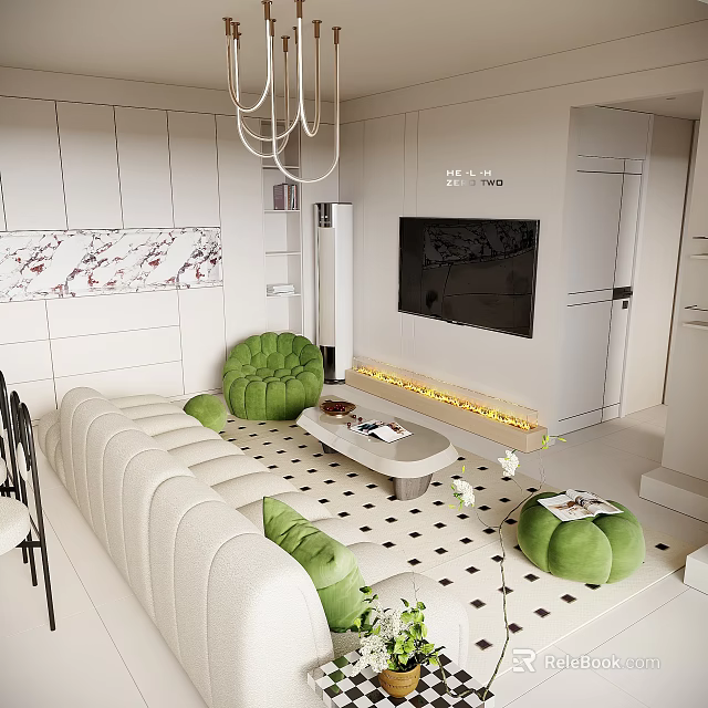 Modern Living and Dining Room Interior With White Walls Green Chairs And Marble Texture 3d model 