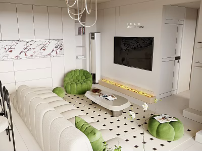 Modern Living and Dining Room Interior With White Walls Green Chairs And Marble Texture 3d model