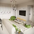 Modern Living and Dining Room Interior With White Walls Green Chairs And Marble Texture