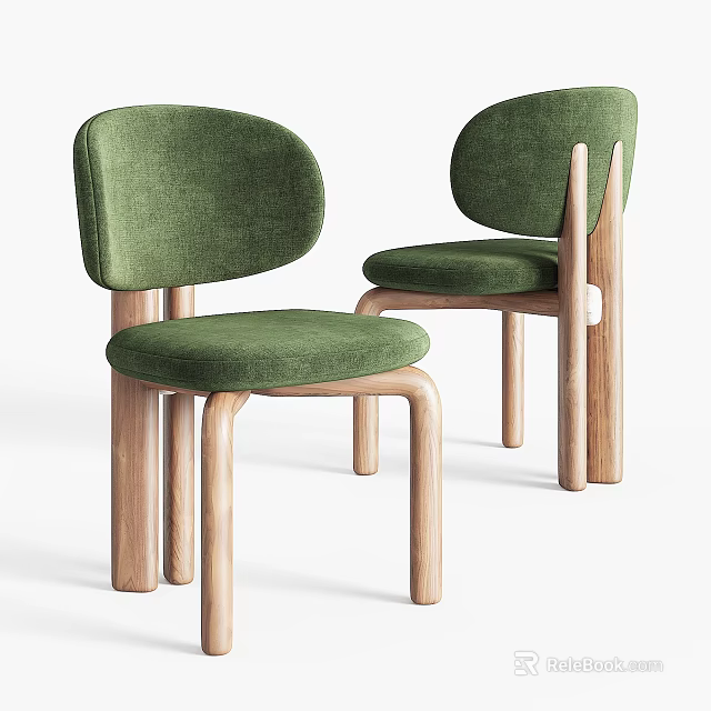 Two Green Velvet Accent Chairs With Light Wooden Legs And Curved Backrest Design 3d model 