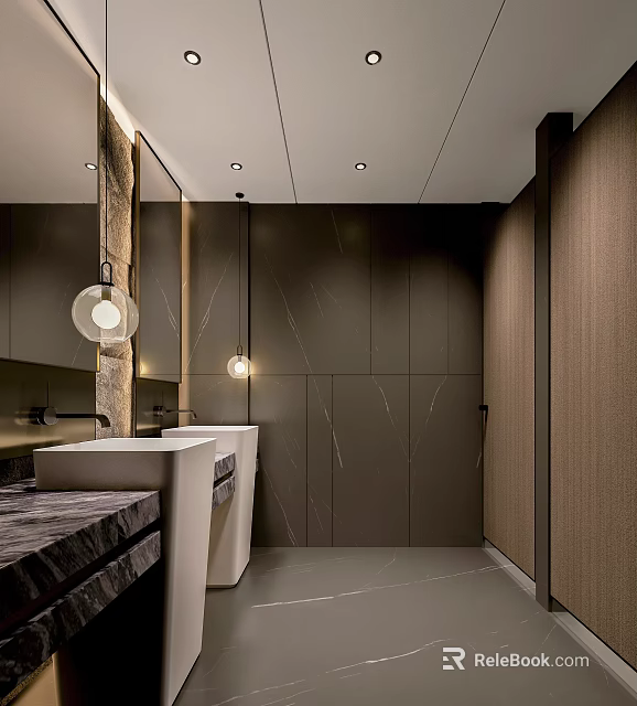 Modern Public Restroom Design With Marble Walls Washbasins Mirrors And Elegant Lighting 3d model 
