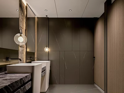 Modern Public Restroom Design With Marble Walls Washbasins Mirrors And Elegant Lighting 3d model