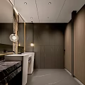 Modern Public Restroom Design With Marble Walls Washbasins Mirrors And Elegant Lighting