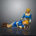 Blue Clad Golden Haired Characters Scene With Standing Supporting Prone Figure On Reflective Surface