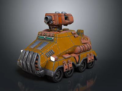 Armored Orange Military Vehicle with Turret Six Wheeled Design Front Grille and Top Equipment 3d model