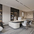 Modern Comfortable Office Interior Design With Desk Sofa Bookshelf And Striped Carpet