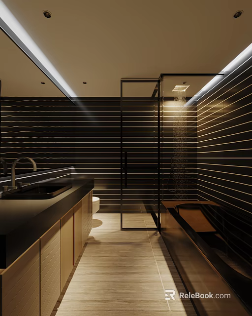 Modern Bathroom Interior With Black And Gold Striped Walls Glass Shower And Black Countertop Vanity 3d model 